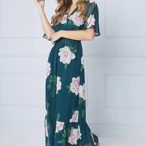 Robe midi en mousseline florale, imprimée numériquement, écologique, style doux vintage, décontractée, printemps-été, avec taille froncée et ourlet à volants - Product Image 1