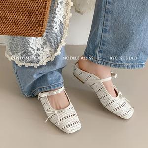 Zapatos de plataforma de suela gruesa y tejido abierto con cierres metálicos de lazo, parte delantera cubierta, parte trasera abierta, zapatos de mujer de tacón bajo - Product Image 5