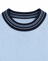Pull en tricot personnalisé pour femme, col rond, bordure côtelée rayée, coupe courte, bleu clair marine, style preppy, manches longues, service ODM