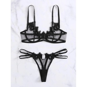 Conjunto de sujetador de encaje de malla para mujer, ropa de dormir transpirable negra, lencería sexy de dos piezas - Product Image 3