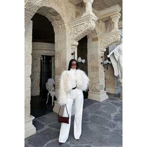 Veste en fourrure Blaise blanche, longue et courte, à simple boutonnage, imprimé écossais, en fourrure de vison, de lapin et de renard, fausse fourrure teinte, fermeture tissée - Product Image 2