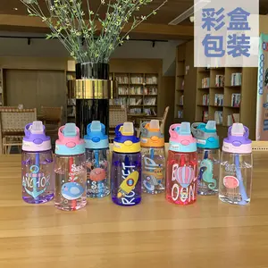 STARLII Hot Selling Personalized Unique Cartoon Plain Flip Top Plastic Clear Water Bottles Bulk With Straw Lid For Kids School
