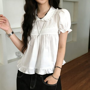 Blusa Linda y Dulce Estilo Babydoll de Manga Corta con Cuello Camisero, Corte Holgado, Cintura Alta y Color Sólido para Mujer - Product Image 3