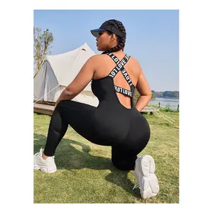 2024 Custom Logo Sports Jumpsuit With Large Ribbon Cross Back High Waist Print Pattern And Mesh For Adults Yoga Basic Set