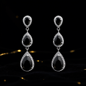 E2221 Orecchini pendenti con cristalli neri da donna, placcati in argento 925, a forma di goccia d'acqua, gioielli in stile classico da festa - Product Image 2