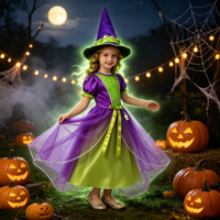 Costume de sorcière pour enfants, robe de sorcière violette et verte pour filles avec chapeau de sorcière, déguisement de fête de carnaval