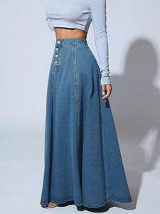 <span class=keywords><strong>Jupe</strong></span> <span class=keywords><strong>Longue</strong></span> Classique en Jean Bleu Coupe Évasée avec Grand Ourlet - Product Image 4