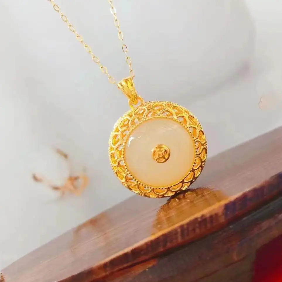 Luxury Fashion Pure 18k Gold Jade Charms Pendants Necklace Women Ladies Bridal Engagement Wedding Jewelry