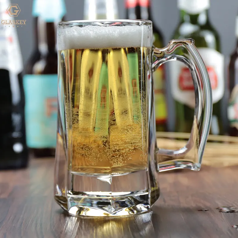 350 मिलीलीटर मोटी बॉटम बीयर ग्लास मग नया डिजाइन स्पष्ट उच्च गुणवत्ता वाले कस्टम लोगो पार्टी के लिए हैंडल के साथ शराब कप पीने