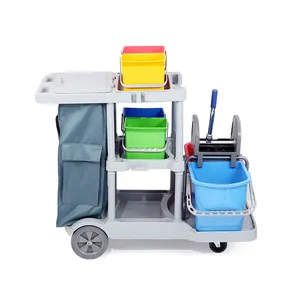 High Quality Hotel Room Service Flat Cart Plastic Cleaning Trolley For Grey Rubber Caster Wheel