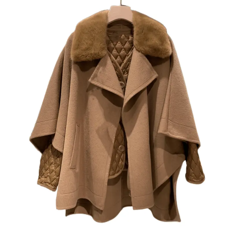 Top Quality Cashmere Coat Cloak Style Wool Coat Mink Fur Coat With Mink Fur Collar