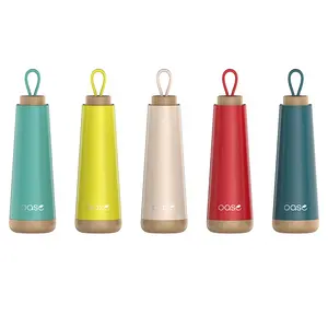 12Oz ECO Friendly Isolato In Acciaio Inox Coperchio In Legno Bottiglia di Acqua Portatile con Manico In Silicone