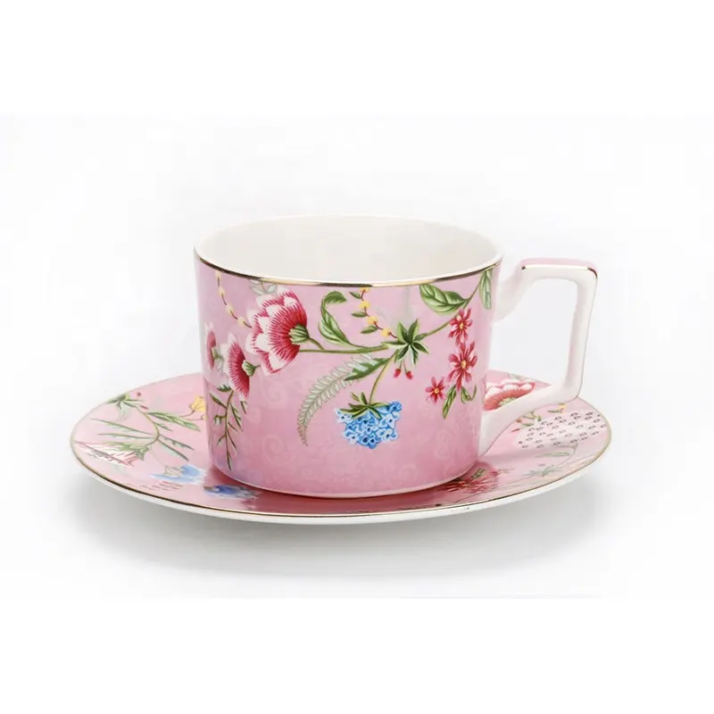 Pembe çiçek bahçe kemik çini kahve kupa tatlı çorba tabağı porselen çay bardağı ve altlık Set