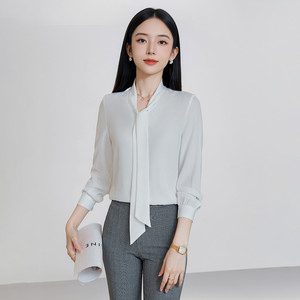 <b>White</b> Chiffon Blouse With Bow Tie Long Sleeve Office Shirt Women Solid Color Polyester <b>Wrap</b> And Tie Style - Product Image 2