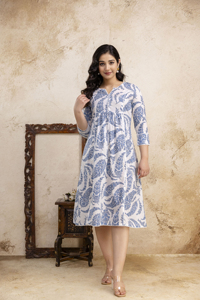 Women Cotton Cambric Round Neck V Slit Midi <b>Dress</b> Casual Summer <b>A</b>-<b>Line</b> Printed Midi <b>Dress</b> Breathable Comfortable Daily Wear - Product Image 6
