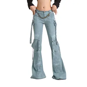 Özelleştirme toptan kadınlar sıska Denim kargo pantolon yeni tasarım moda düşük bel çok cep alevlendi pantolon kot