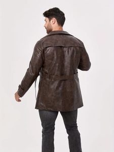 Chaqueta cortavientos para hombre con cinturón de cuero PU sólido con cuello con capucha-Dropshipping para hombres - Product Image 3