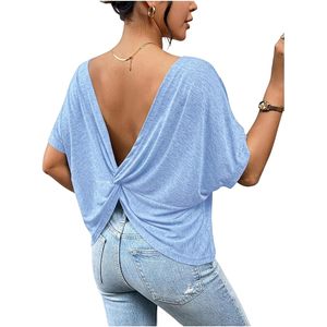 T-shirt femme FOXA dos nu à nœud torsadé, coupe oversize, couleur unie, manches courtes, épaules tombantes, haut décontracté en tissu jersey respirant - Product Image 1
