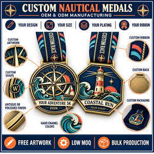Médailles personnalisées pour course nautique, avec motifs boussole et phare, en émail dur, finition or antique, récompenses événementielles, fabricant OEM ODM - Product Image 4