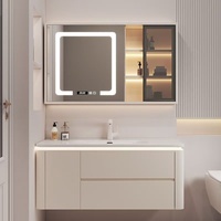 Meuble-lavabo mural moderne avec miroir LED intelligent et vasque en céramique pour projets hôteliers (vente en gros)