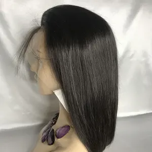 stock invisible small knots cuticle Aligned natural black color human hair 13x4 lace front bob style wigs with hair bangs