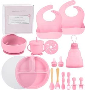 OKOLAY Set perlengkapan makan bayi silikon, tas penyimpan susu payudara 2 cukin, piring isap terpisah, Set makanan bayi silikon merah muda, desain Populer - Product Image 1