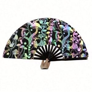 Éventail pliant en bambou noir de 33 cm avec tissu réfléchissant, sculpté à la main, cadeau d'affaires promotionnel pour l'Europe - Product Image 1