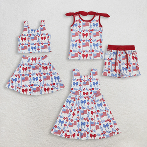 Boutique Independence Day Baby Toddler Girl Outfits Letters Bows Print Sleeveless Top Red Shorts 2-Piece Set for 4th of July - Product Image 4