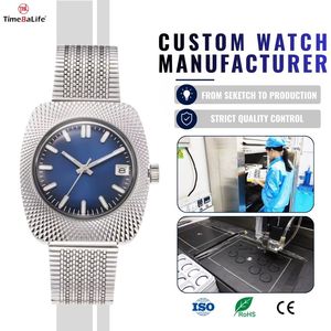 Montre mécanique OEM sur mesure TMI NH35 avec boîtier carré arrondi, <span class=keywords><strong>bracelet</strong></span> milanais, cadran soleil et verre saphir super bombé - Product Image 1