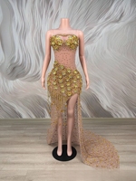 Robe de soirée Ocstrade transparente en maille nude avec strass dorés et motifs floraux, bretelles spaghetti, fente haute et franges, idéale pour les spectacles sur scène