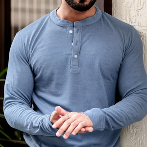 Camiseta Henley de algodón de alta calidad con logotipo personalizado de manga larga para hombre/Stock. - Product Image 1