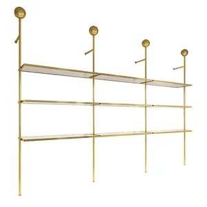 Retail Commercial Clothing Store Clothes Shop Shelf Clothing Stands Wall Mount Boutique 3 Layers Gold Shoe Display Racks