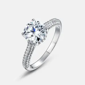 Kacy Wholesale GRA Certificate Classic S925 Silver Rhodium Plated Round Brilliant Cut 2ct Moissanite Ring
