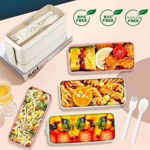 Fiambrera Bento japonesa de 3 capas sin BPA, contenedores de capa superior a prueba de fugas ecológicos con paja de trigo para preparación de comidas - Product Image 4