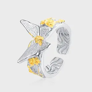 S925 cincin tekstur kupu-kupu pola rumput Tang perak murni untuk wanita dengan bunga timbul desain industri berat kontras