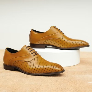 Chaussures habillées Oxford en cuir véritable à bout pointu, à lacets, respirantes, pour l'été, le bureau et la carrière, couleur unie pour hommes - Product Image 1