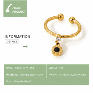 Anillo Ajustable con Dije de Disco Solar Dorado, Joyería de Acero Inoxidable con Zirconia, Banda Abierta y Baño de Oro de 14K al Vacío - Product Image 2