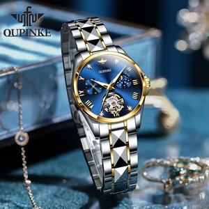 OUPINKE 3202 Moon Phase <b>Automatic</b> Watch for Women Elegant Skeleton Dial <b>Chronograph</b> Auto Date Waterproof Ladies Mechanical Watch - Product Image 3