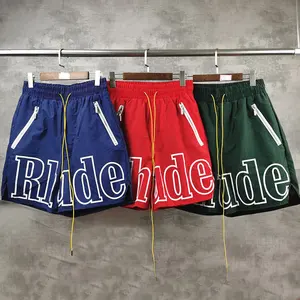 New Design Rhude Shorts Custom Grey 3M Reflective-Coated Pill Zipper Short Pants Pull Rope Gym Sports Men's Elastic Waist Shorts