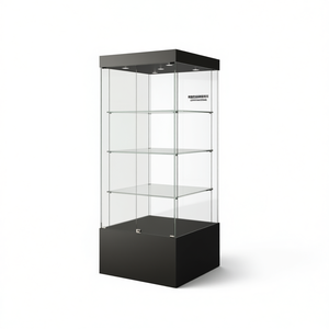 Vitrine moderne en verre 190 cm H, base noire avec 3 étagères réglables pour expositions muséales - Product Image 1