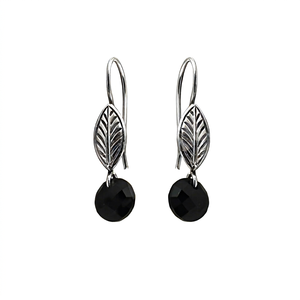 Art Palace Boucles d'oreilles pendantes en forme de feuille plaquées argent avec pierre d'onyx noir pour femme, bijoux de fête classiques et tendance - Product Image 1