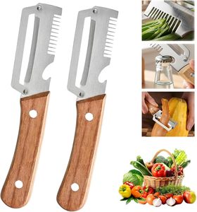 <span class=keywords><strong>Éplucheur</strong></span> de légumes avec manche en bois, lame large en acier inoxydable, déchiqueteur manuel multifonctionnel pour légumes et oignons verts, ouvre-bouteille - Product Image 2