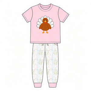 Thanksgiving <b>Turkey</b> Applique Kids Matching Outfits Short Sleeve T-Shirt with Jogger Pants Boys Girls Autumn Wear - Product Image 2