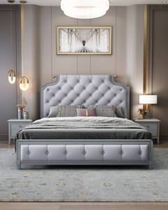 Cadre de lit king size capitonné gris, lit double moderne en bois massif pour meubles de chambre à coucher - Product Image 1