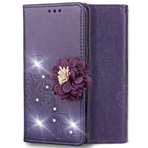 Leder Luxus Glitter Bling 3D Flower Design Brieftasche Handy hülle Smart Back Cover für Samsung A70 S für iPhone 11