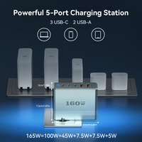 Chargeur mural GaN 160W PD 3C2A multi-ports, adaptateur de charge rapide, prise EU, distribution d'alimentation intelligente pour ordinateur portable et appareils mobiles