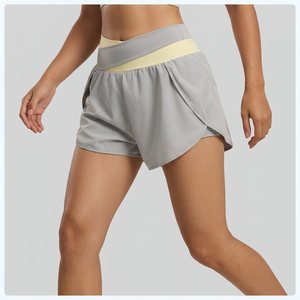 Shorts de sport pour femmes à taille croisée double couche, séchage rapide, poches latérales, extensibles, pour entraînement, jogging, cyclisme, yoga - Vente en gros - Product Image 3