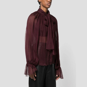 <span class=keywords><strong>Chemise</strong></span> plissée à manches longues de couleur unie rétro pour femmes pour l'automne Vêtements décontractés amples avec <span class=keywords><strong>col</strong></span> à volants Tissu respirant tissé - Product Image 3