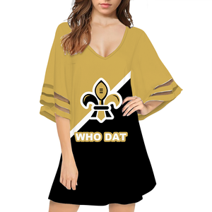 Nouveau personnalisé imprimé col en V décontracté court polyester robe en mousseline de soie élégant cloche demi manches robe pour les femmes grande taille Blouse - Product Image 6