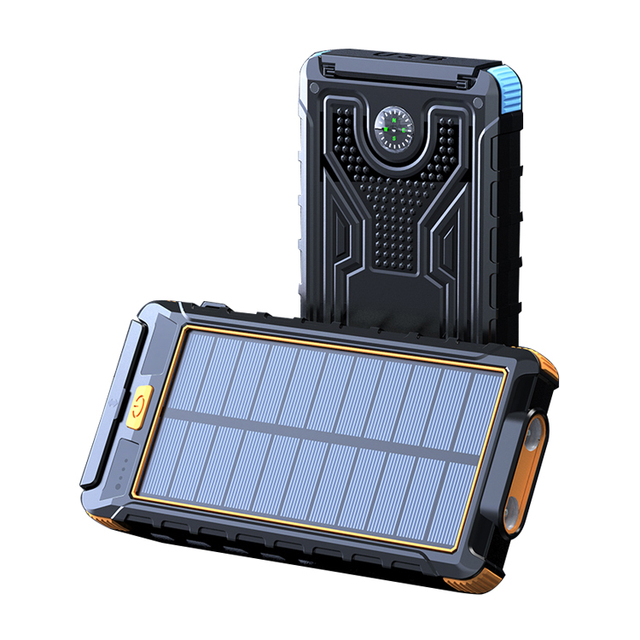 2021 Outdoor Portable Waterproof Solar Charge 10000mah Polymer Dual Usb Mobile Power Bank with 2 Strong Torches and Compass